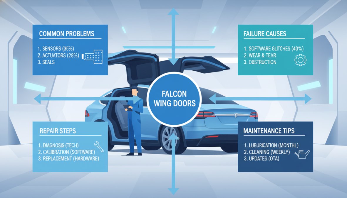 Rear view of a Tesla Model X with falcon wing doors open in a clean workshop, a technician in overalls inspecting the door hinge mechanism under bright overhead lighting