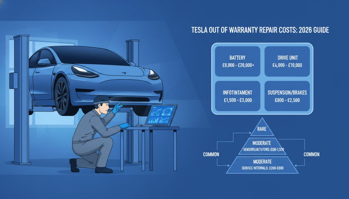 Professional illustration showing tesla out of warranty repair costs