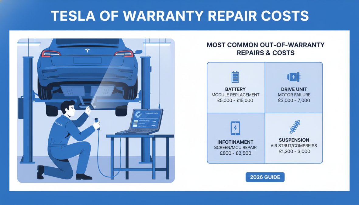 Professional illustration showing tesla out of warranty repair costs