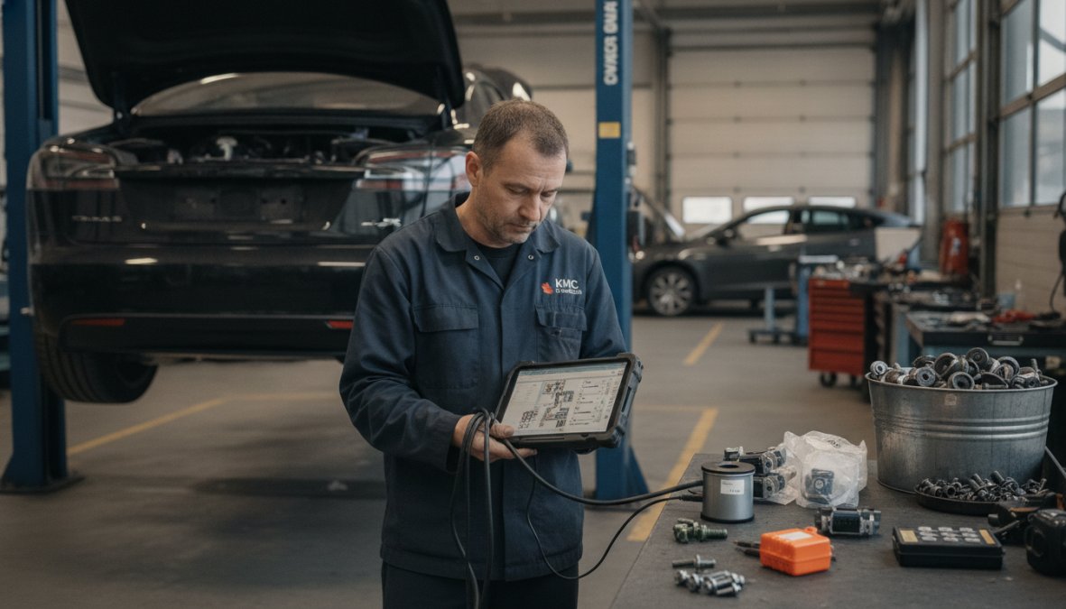 Experienced automotive technician performing diagnostic checks on a Tesla vehicle in a well-equipped workshop, with diagnostic equipment visible