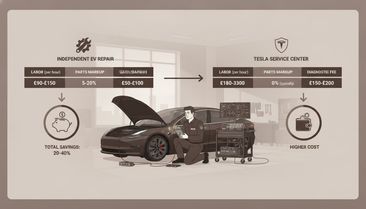 Level 4 Master Technician in professional workshop attire performing diagnostic work on a Tesla with diagnostic equipment visible, modern garage setting with natural light