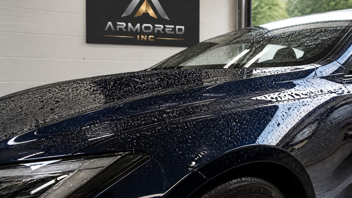 Close-up of a Tesla's painted hood and fender showing glossy finish with water beading on the surface, demonstrating the hydrophobic effect of protective film