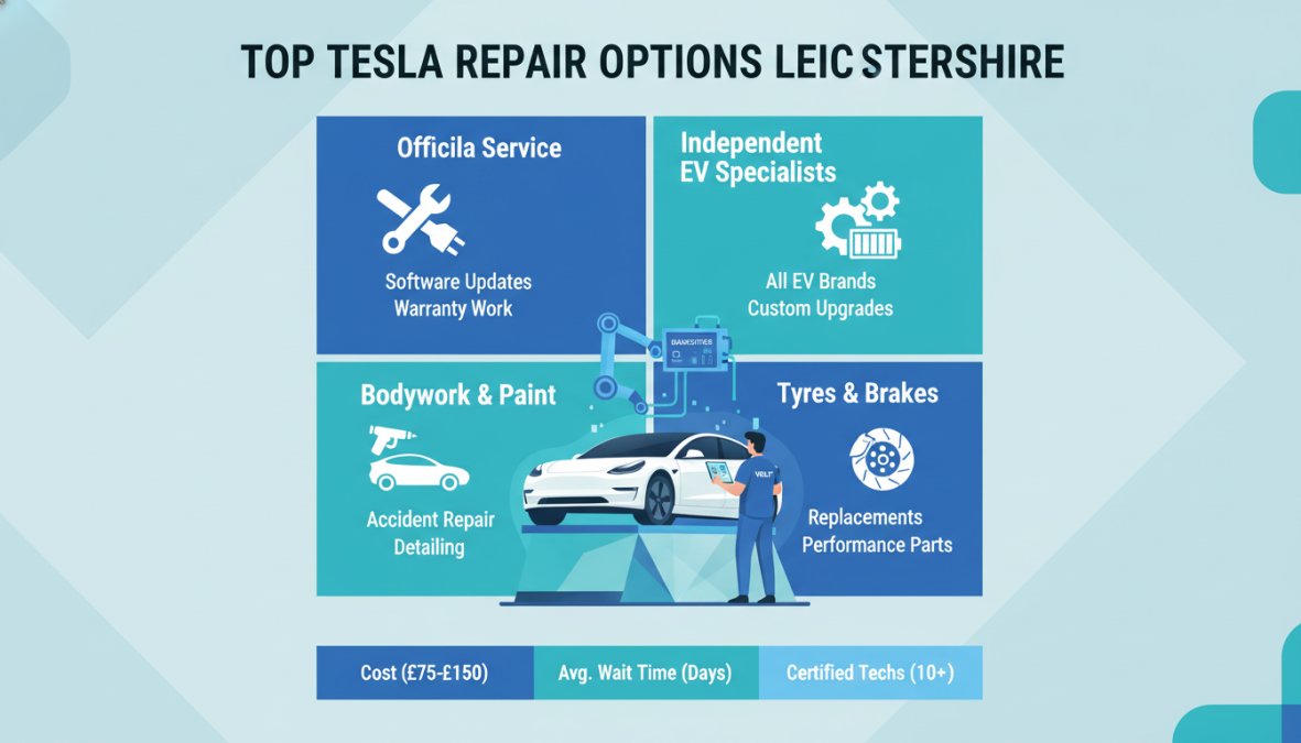 Professional illustration showing Tesla Model for tesla repair shop in leicestershire