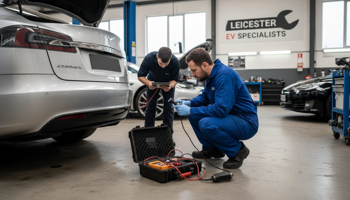 Professional illustration showing Close, Tesla for tesla repair shop in leicestershire