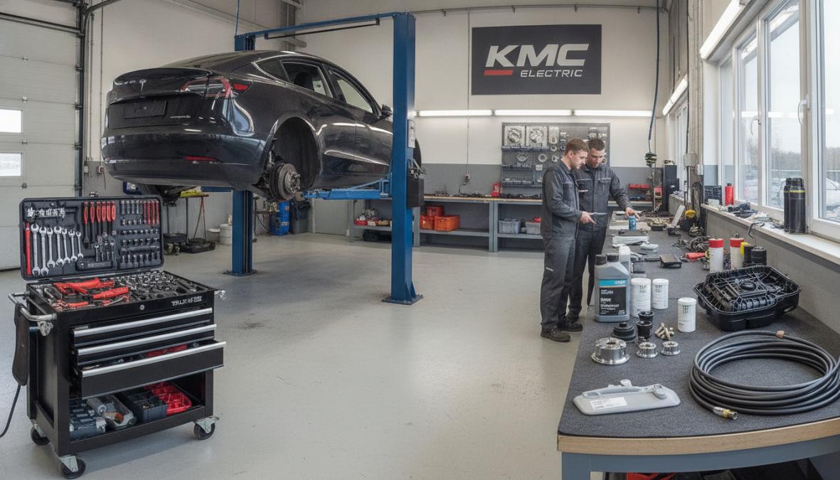 A technician using diagnostic equipment on a Tesla vehicle in a modern workshop, with tools and diagnostic screens visible in the background
