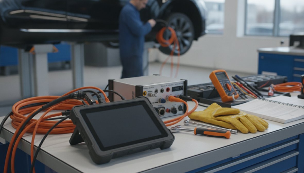 Technician using professional diagnostic tablet with high-voltage testing cables connected to Tesla vehicle in modern workshop, fluorescent lighting illuminating the battery pack area