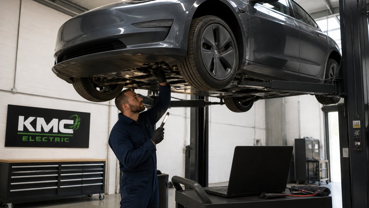 A clean, well-lit independent garage workshop with a Tesla Model 3 raised on a lift, a technician in navy overalls inspecting the underside suspension components, diagnostic laptop on a nearby trolley