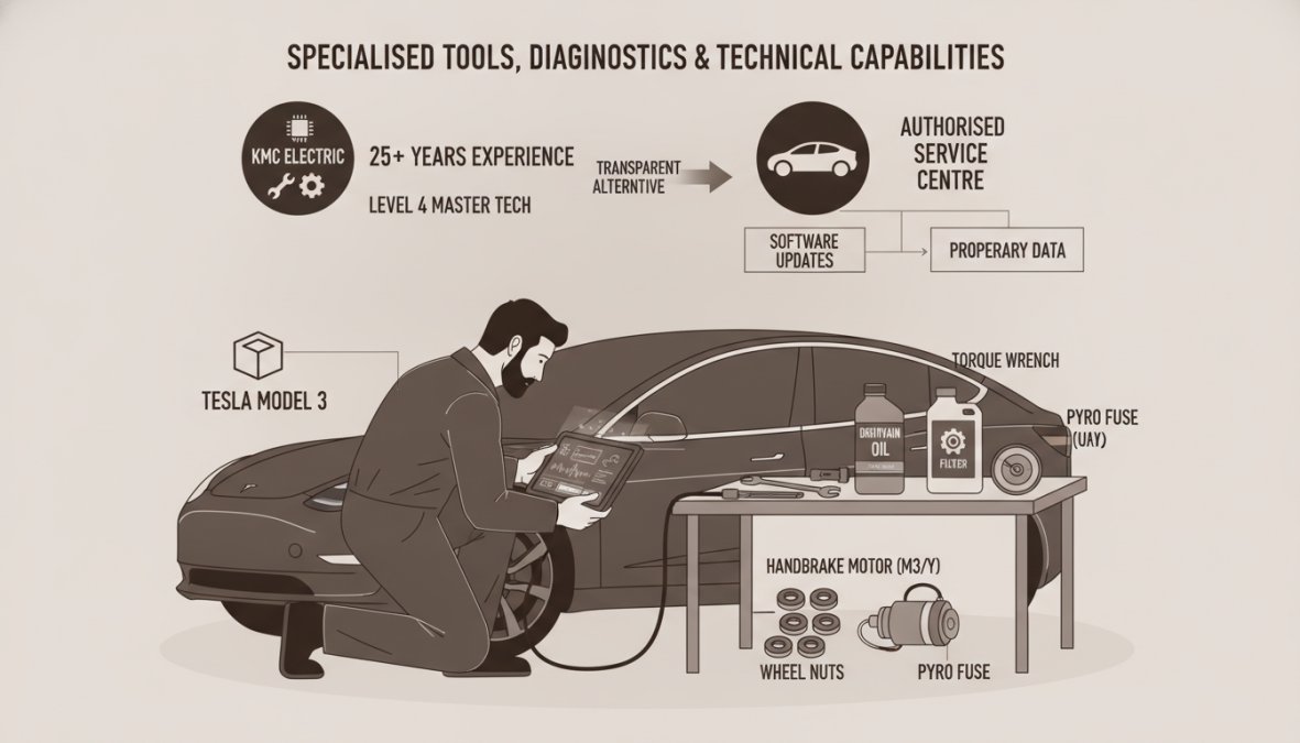Qualified EV technician using diagnostic equipment on a Tesla vehicle in a professional workshop, with specialised tools and diagnostic displays visible