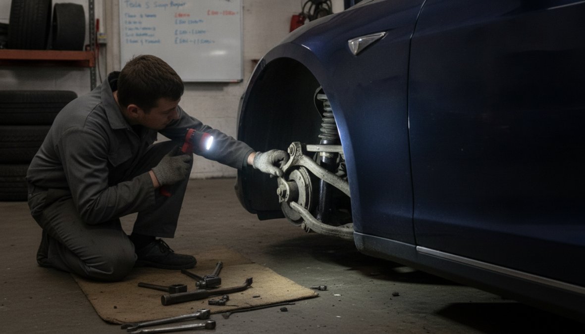 A mechanic in a workshop crouching beside the front wheel arch of a [Tesla Model](/blog/tesla-model-s-common-problems) 3, inspecting the suspension components with a torch in a well-lit independent garage