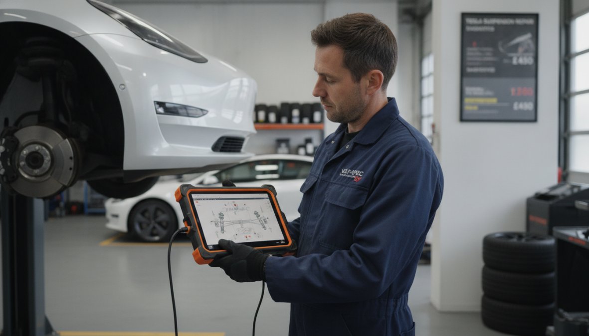 A qualified EV technician in branded workwear using a diagnostic tablet connected to a Tesla vehicle inside a clean, modern independent garage with bright overhead lighting