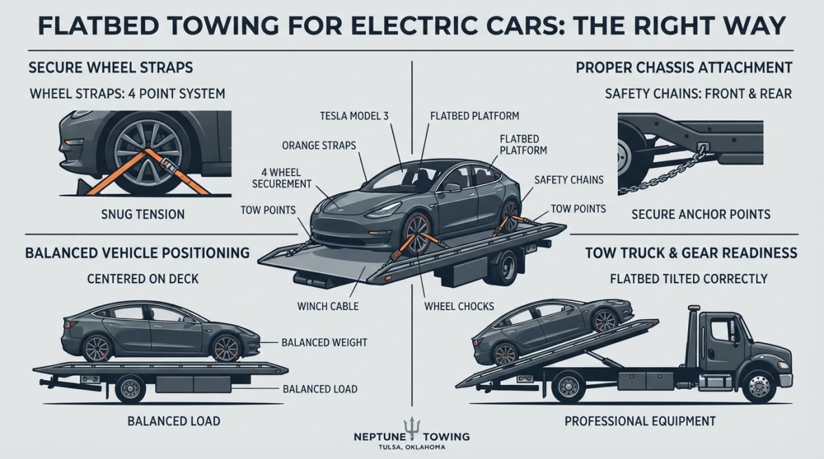 Tesla Model Y properly secured on a flatbed tow truck with multiple straps and chains, showing correct loading technique with vehicle centered and level on the bed