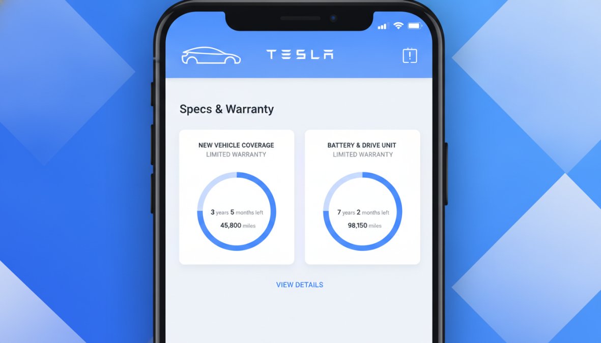 Close-up of a smartphone displaying the Tesla app with the Specs & Warranty section visible, showing warranty status and coverage details with remaining time and mileage displayed
