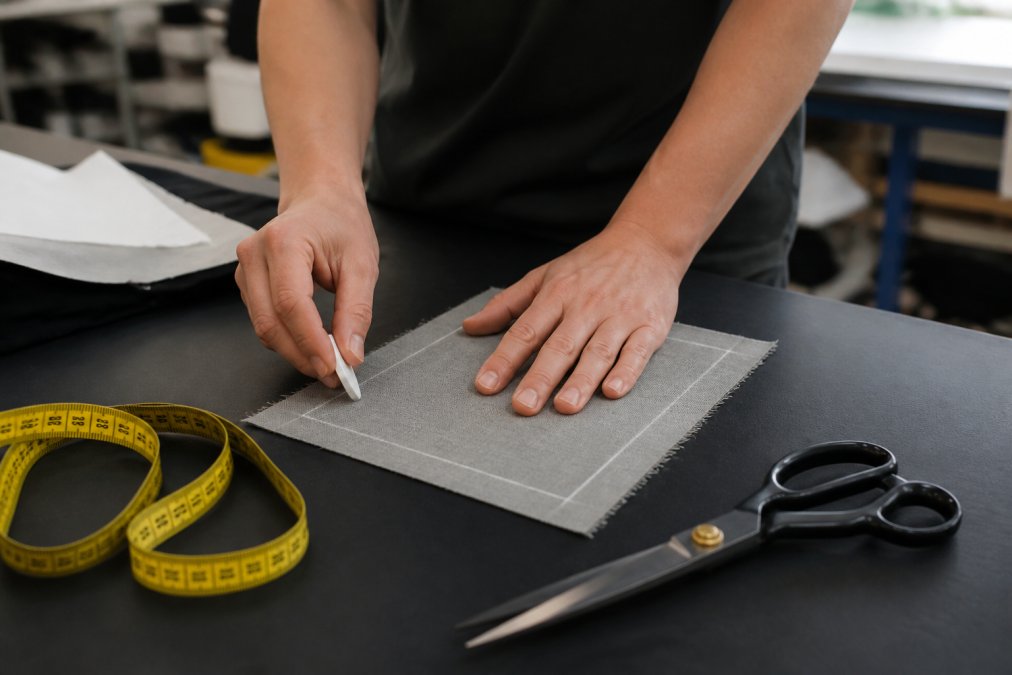 Step-by-step diagram showing how to mark a fabric swatch for accurate garment shrinkage testing