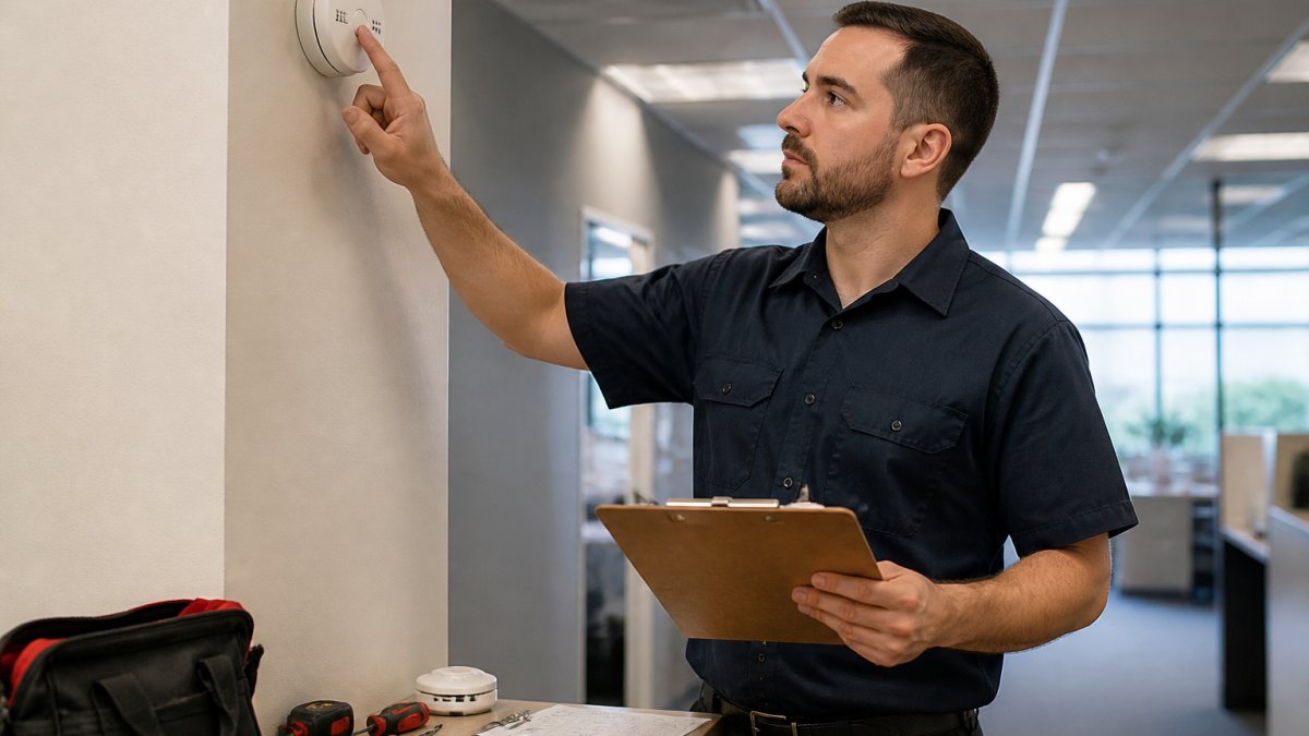 Professional technician pressing test button on wall-mounted commercial smoke detector in office building, holding clipboard with testing documentation visible on nearby desk