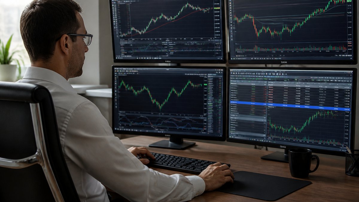 Professional trader at desk monitoring multiple screens showing MT5 terminal with live trading charts, account balance widget, and real-time performance metrics displayed