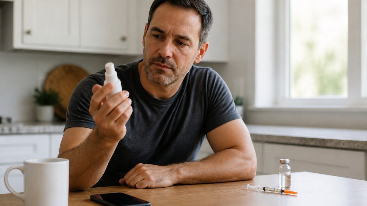 A man in his 40s sitting at a clean kitchen table in the morning, holding a small testosterone gel pump bottle in one hand and looking at it thoughtfully, with a coffee mug and a smartphone nearby in soft natural light