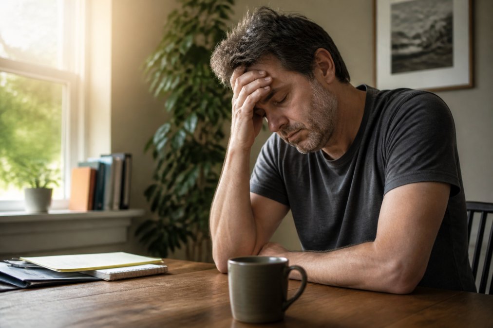 Middle-aged man sitting at desk looking fatigued with hand on forehead, morning sunlight streaming through window, coffee cup nearby on desk