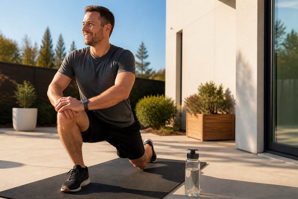 Man in fitness attire during morning workout or stretch routine appearing energized, water bottle and fitness tracker visible on wrist, natural morning light