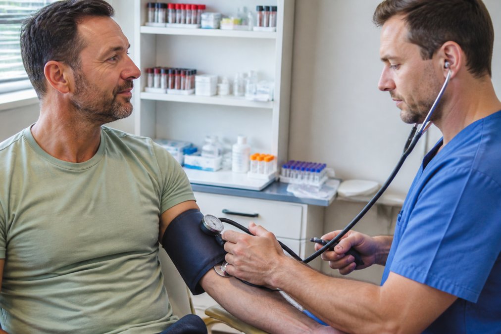 Male patient in clinical setting having blood pressure checked by healthcare provider with lab equipment visible in background