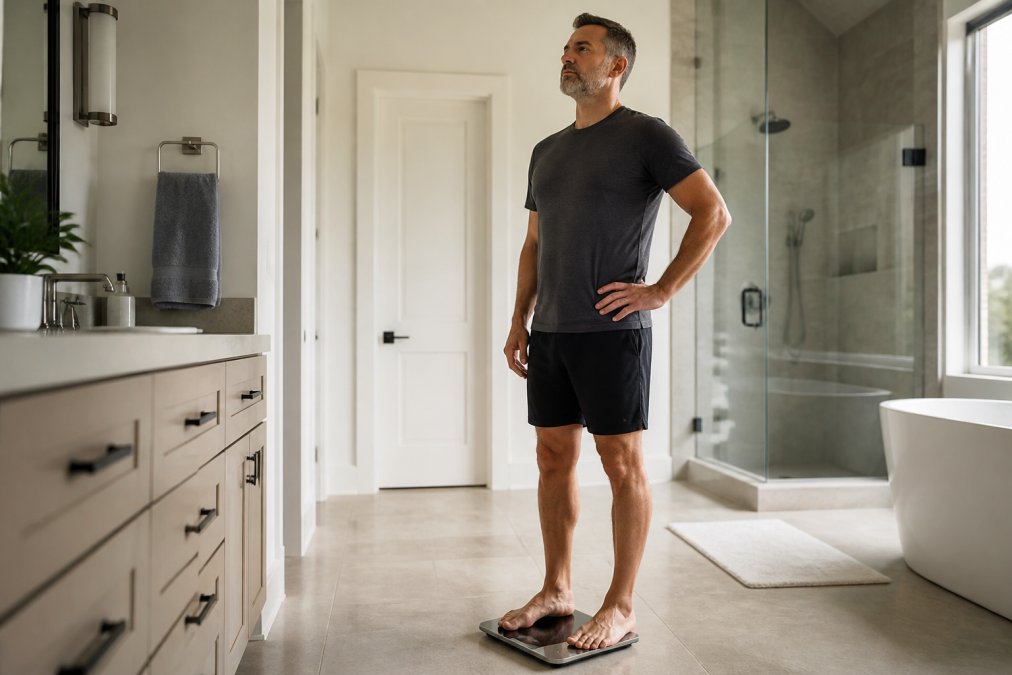 A man in his late 40s standing on a digital scale in a bright modern bathroom, wearing athletic shorts and a t-shirt, looking forward with a determined expression