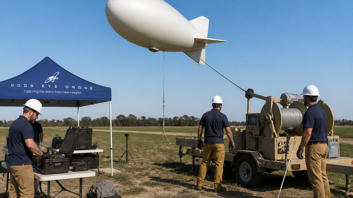 Ground crew securing a tethered aerostat communication relay to a mobile winch system during a rapid field deployment.