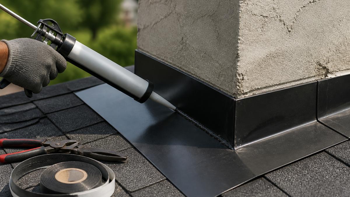 Close-up of a hand applying sealant along the edge of a metal flashing around a chimney on a roof, with tools and sealing tape visible in the background, natural daylight