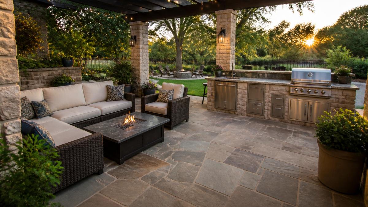 A completed backyard oasis featuring a custom stone patio with comfortable seating, a built-in outdoor kitchen with stainless steel grill, a pergola overhead providing afternoon shade, and lush landscaping surrounding the entertainment area