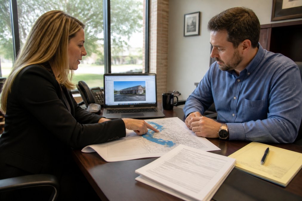 A commercial insurance broker and a business owner reviewing a flood zone map and elevation certificate at a desk in a Texas office, with a laptop showing property details