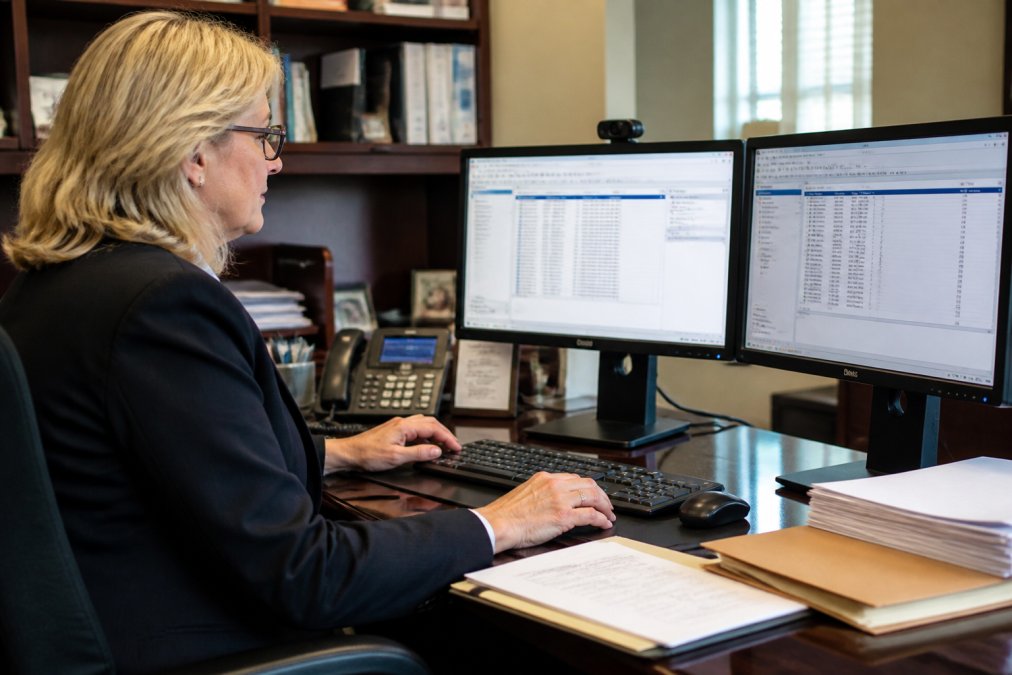 Healthcare administrator or compliance officer reviewing electronic medical records on a computer screen with organized files and audit logs visible on desk