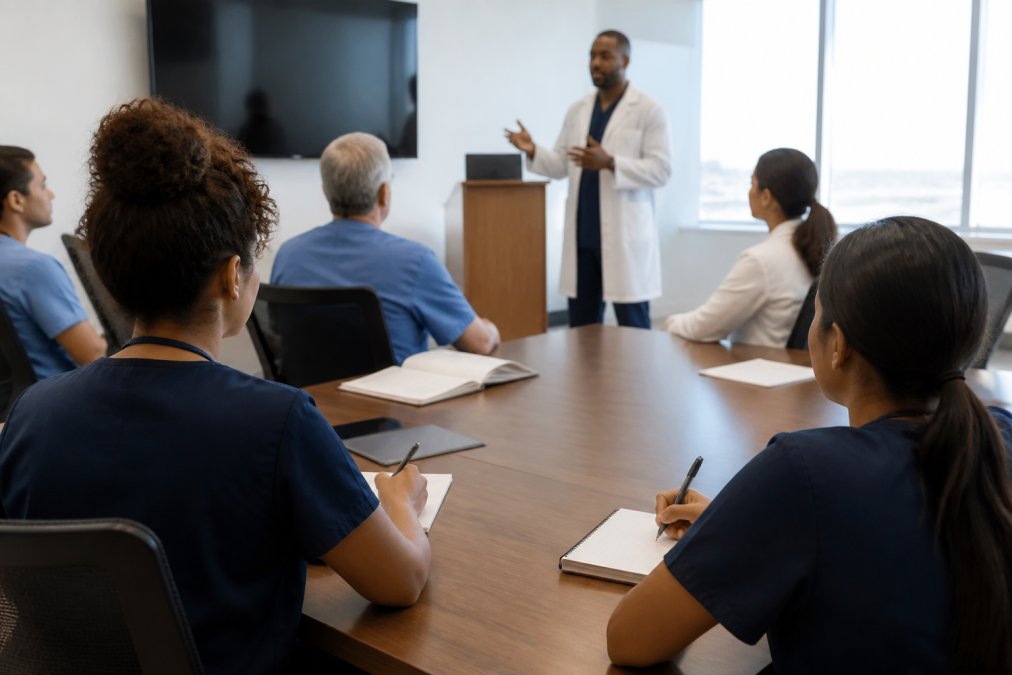 Healthcare staff members in a conference room attending a compliance training session with instructional materials, notebooks, and presentation screens visible