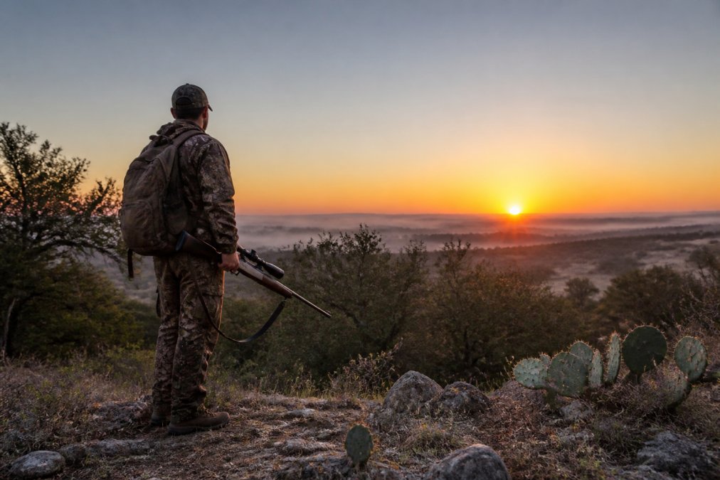 Hunter in camouflage standing in Texas brush country at dawn with rifle, surveying the landscape with morning mist rising from the terrain