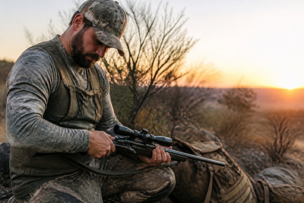 Close-up of hunter wearing layered hunting apparel including long-sleeve performance shirt, checking rifle and gear while positioned in brush at dawn