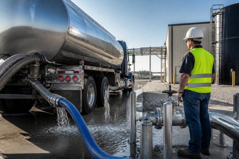 A large tanker truck filling with clean water at a modern industrial water facility, with an operations manager in a hard hat inspecting the process under bright morning light