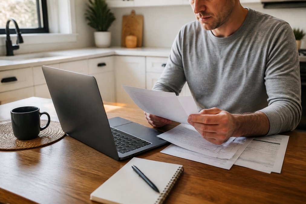 A homeowner reviewing insurance policy documents at a kitchen table with a laptop open showing quote comparison websites, natural morning light streaming through the window