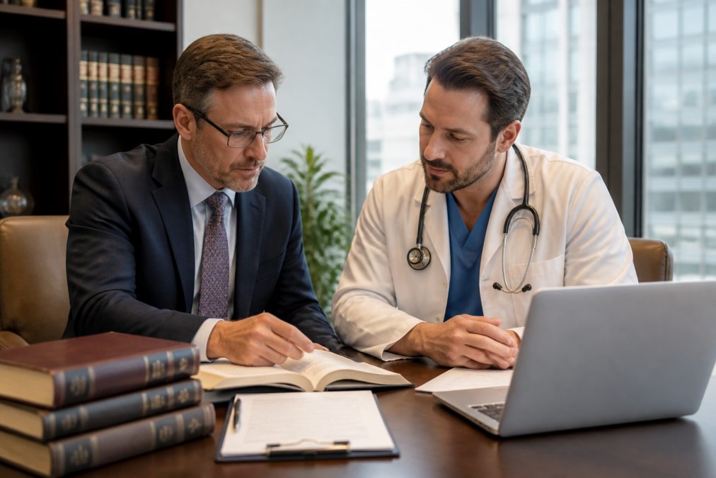 A healthcare attorney and a physician reviewing regulatory documents together at a modern conference table, with a laptop and legal books visible