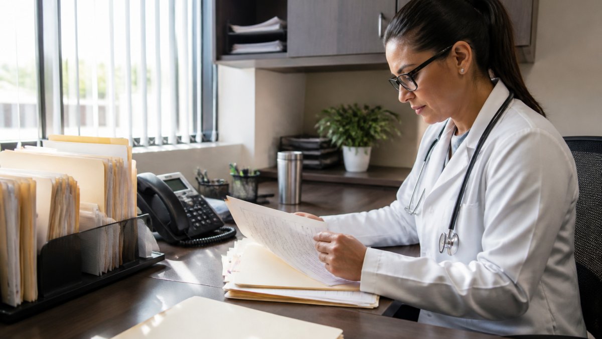 Healthcare provider reviewing patient medical records at clinic desk with computer monitor displaying documentation, organized file folders visible, natural office lighting