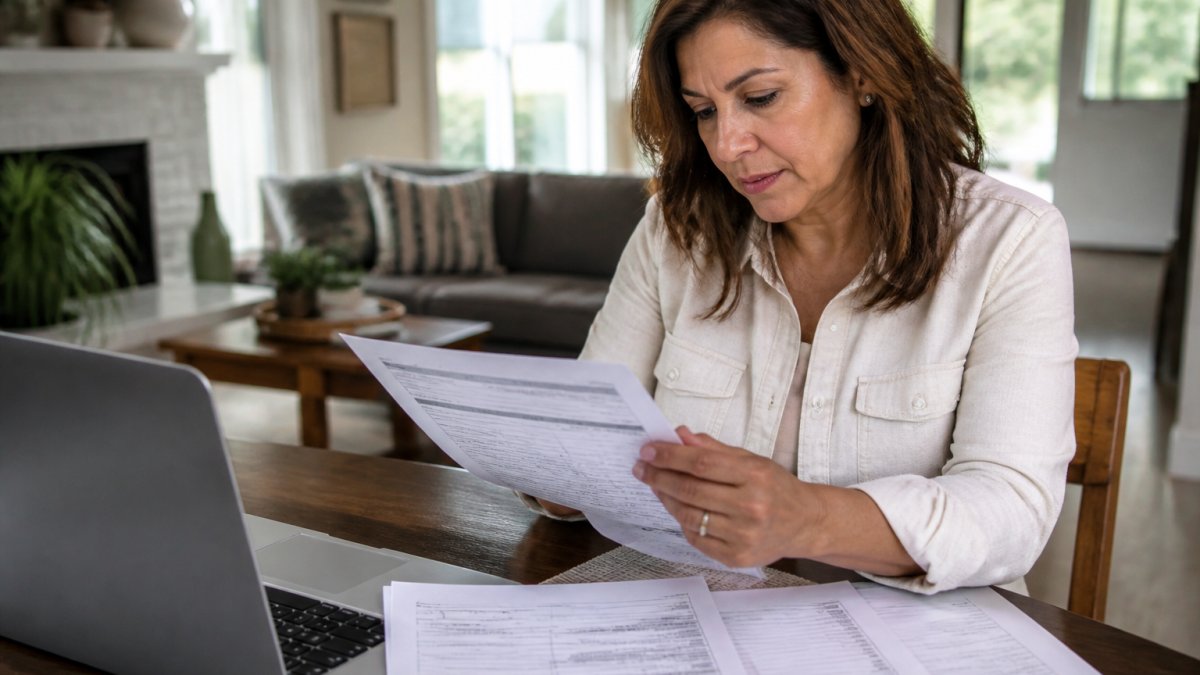 Homeowner reviewing documents and forms to apply for property tax exemptions homeowners on a laptop at a desk