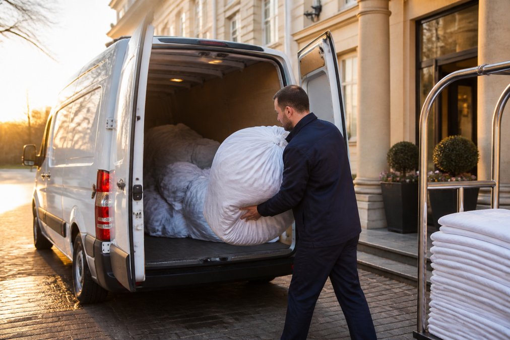 Medewerker laadt linnengoed in bestelbus voor textielreiniging met ophaalservice 2026 bij een hotel in Limburg