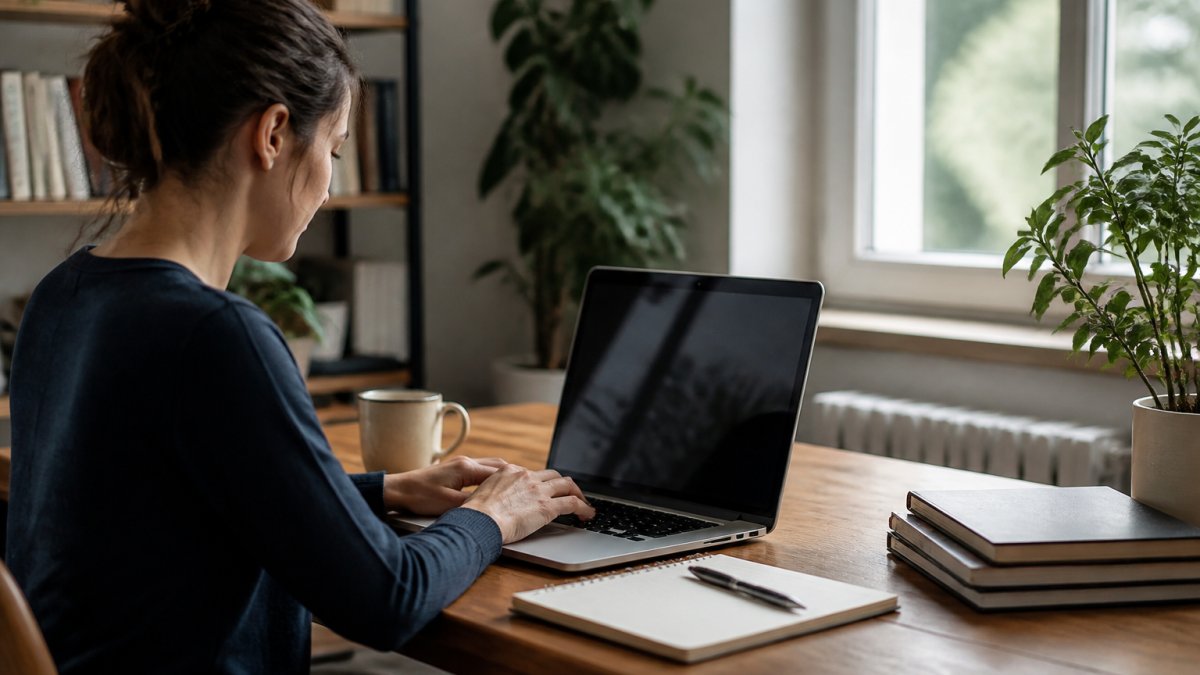 Writer working on a laptop at a home desk, ideal for privacy-focused users managing sensitive text locally.