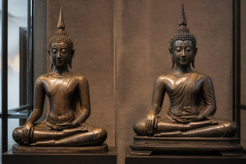 Museum display of an ornate bronze Ayutthaya Buddha statue with refined facial features and detailed robe drapery, positioned next to a more graceful Sukhothai bronze Buddha with elongated proportions and minimal clothing detail