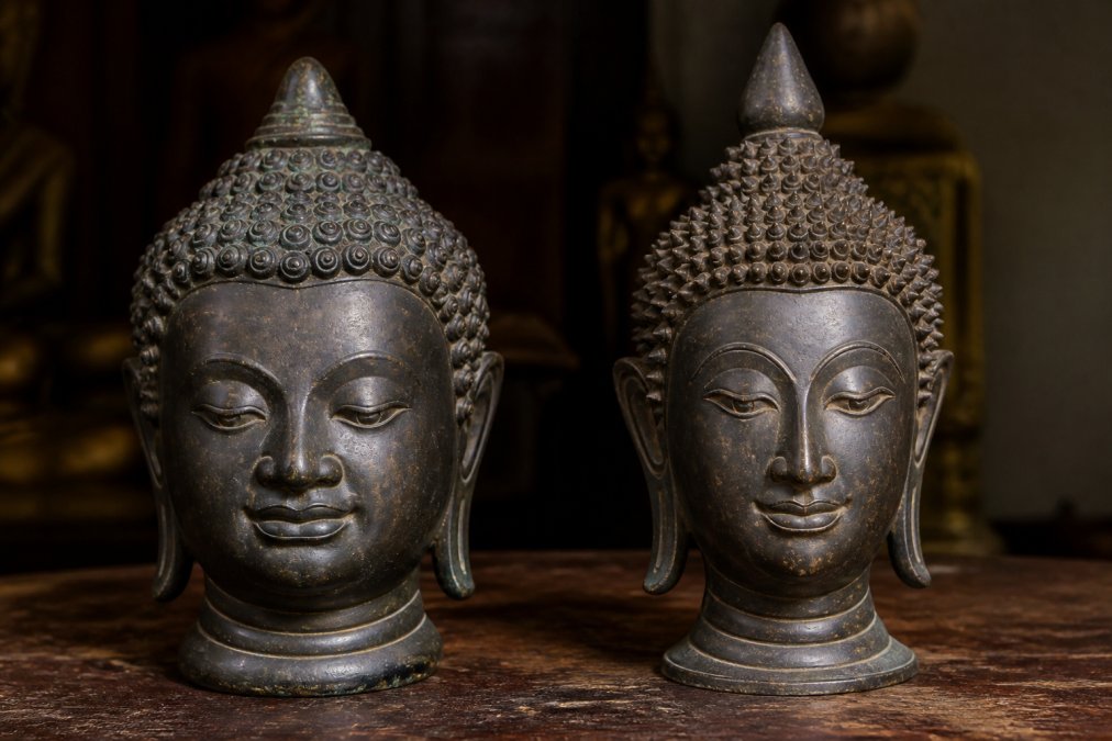 A close-up photograph of two antique bronze Buddhist statue heads placed side by side on a dark wooden surface, one with a rounded Khmer-style face and fuller lips, the other with a more oval Thai-style face and a sharper nose bridge, lit by soft warm light