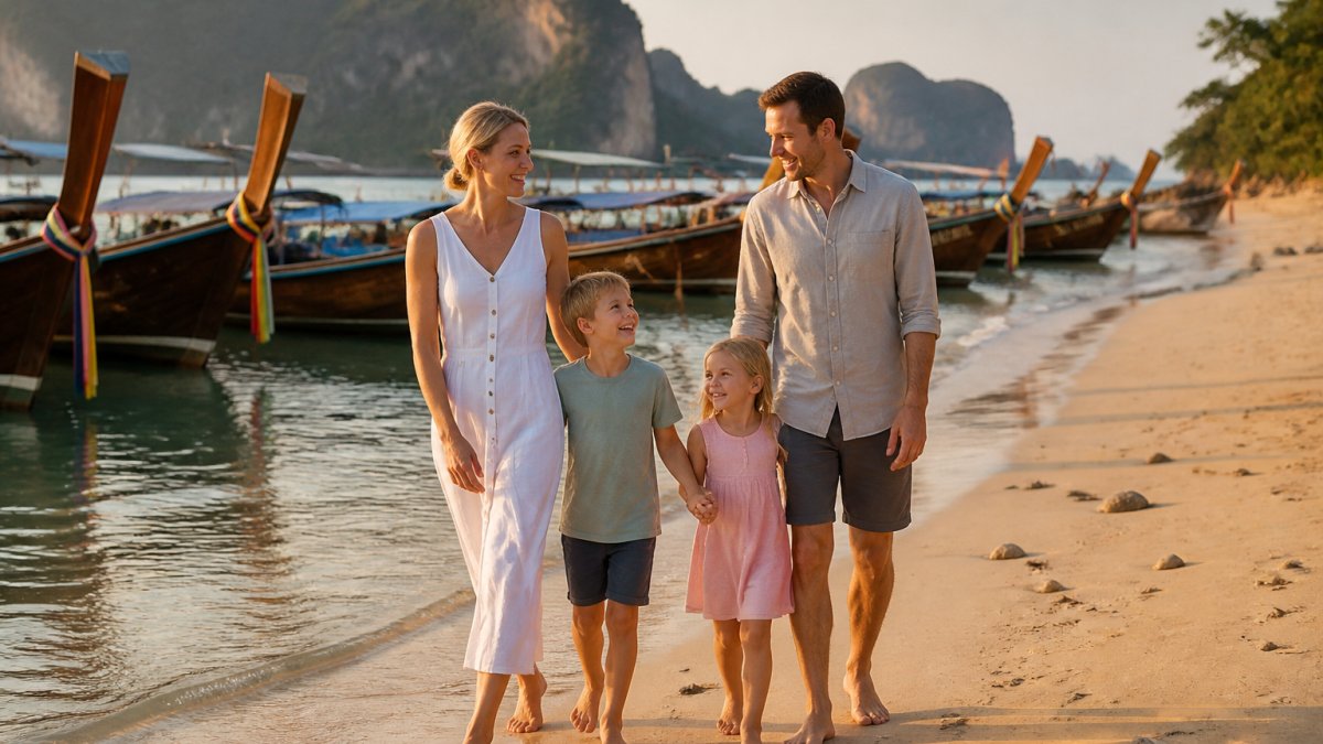 A British family walking along a Thai beach at sunset during their Thailand holiday packages trip.