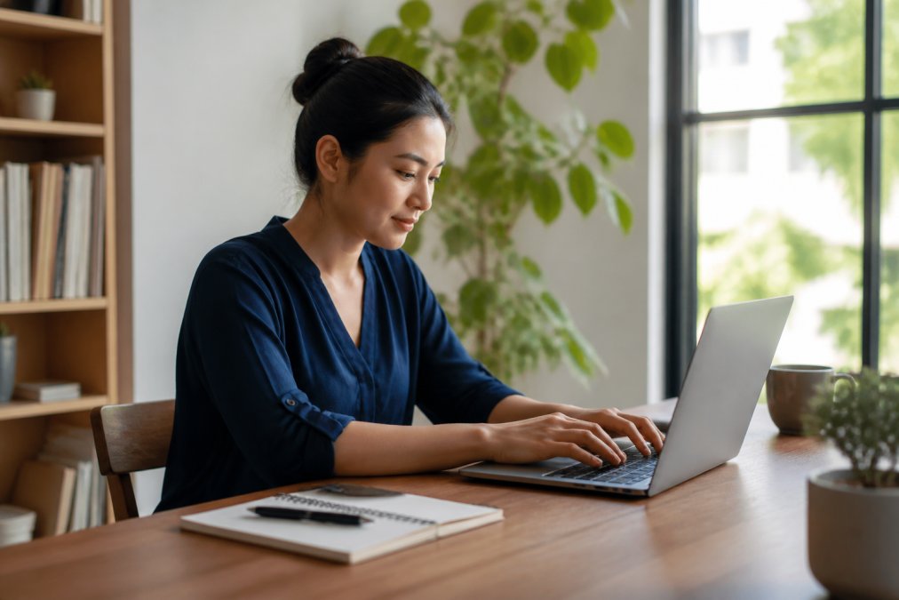 A person sitting at a wooden desk in a bright home office, typing a thank you email on a laptop with a notebook and pen nearby, warm natural light from a window