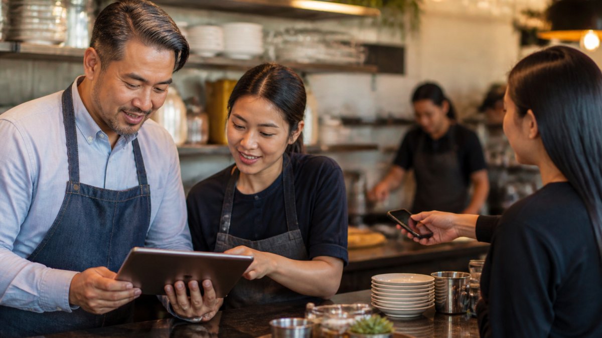 A restaurant owner and a staff member reviewing a tablet at the counter of a small independent restaurant, with a customer handing over a phone to redeem a reward in the background