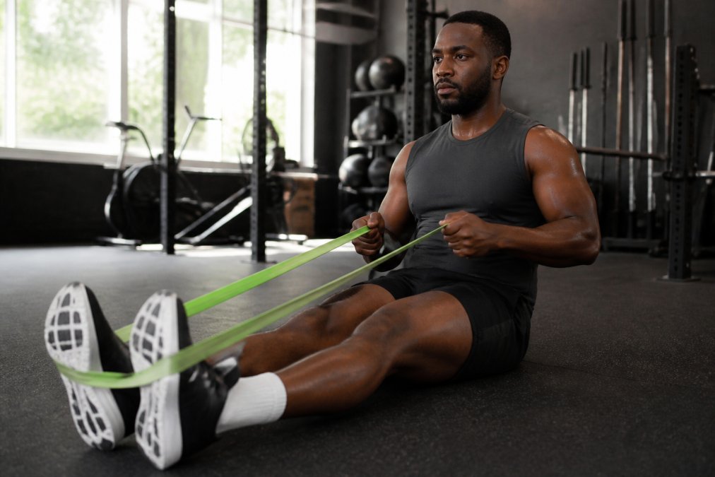 Professional athlete in modern gym setting performing recovery exercises with resistance bands, natural lighting through large windows