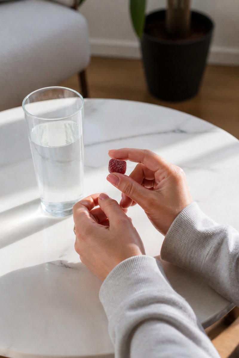 Person's hands holding a single 5mg THC tart next to a glass of water on a clean, minimalist table with natural morning light, suggesting intentional preparation