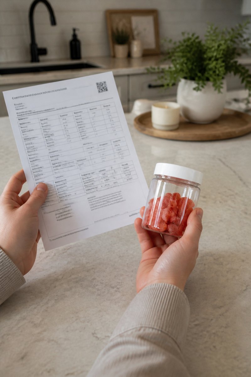 Close-up of hands holding a printed lab certificate of analysis beside a small jar of THC gummies on a clean kitchen counter