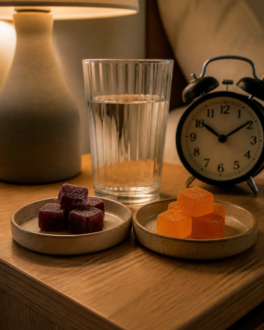 Close-up of THC and CBD gummies on a nightstand with a glass of water and alarm clock, soft warm evening lighting from a bedside lamp