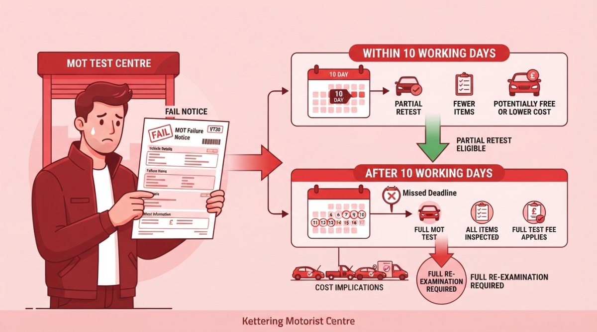 Professional illustration showing 10 day MOT retest