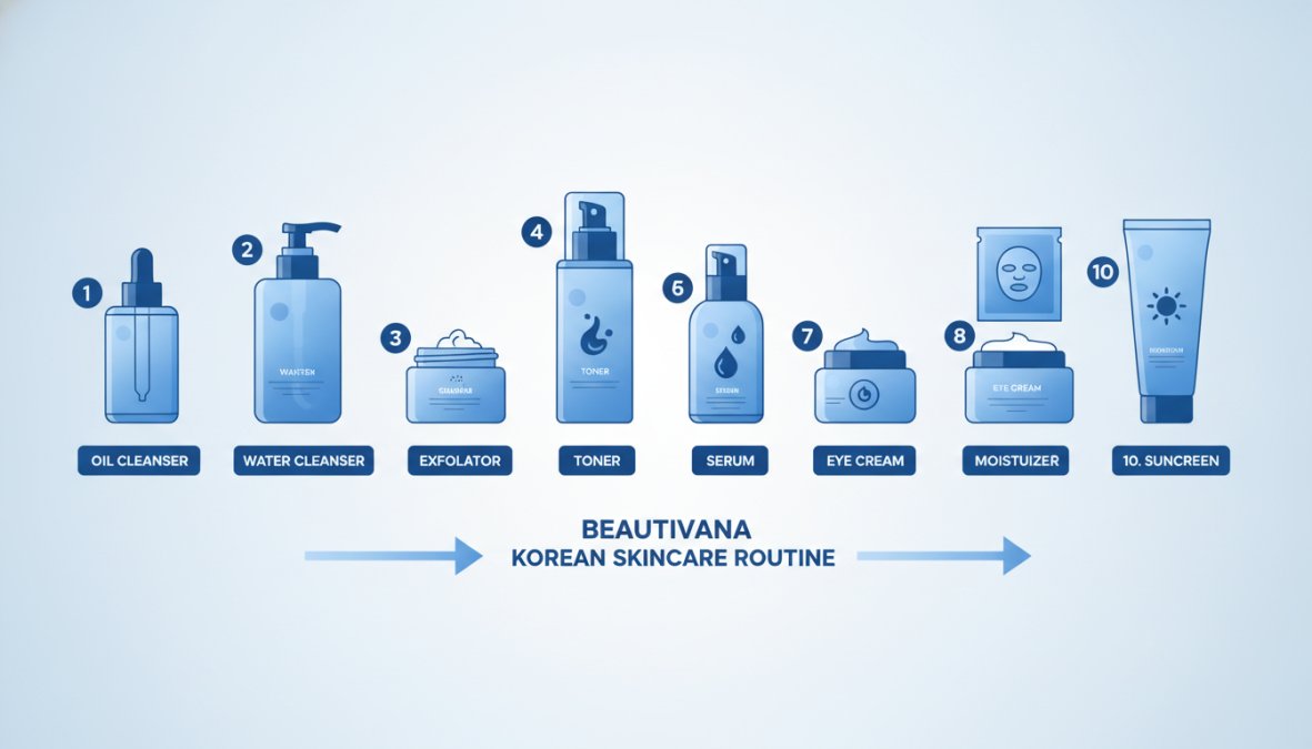 Flat lay arrangement of 10 Korean skincare products displayed in order on a clean white surface, showing progression from oil cleanser through water cleanser, exfoliator, toner, essence, serum, sheet mask, eye cream, moisturizer, and sunscreen